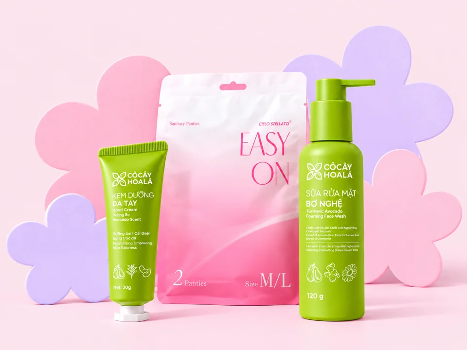 Easy On M/L, dưỡng da tay Bơ Trà và sữa rửa mặt Bơ Nghệ trên nền hoa pastel
